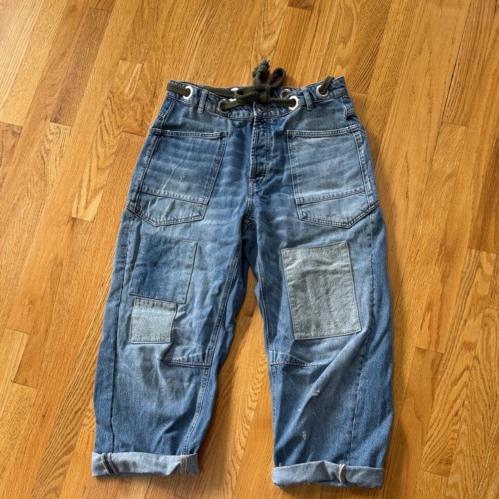 Free People Washed Blue Boyfriend Jeans with Patch Details